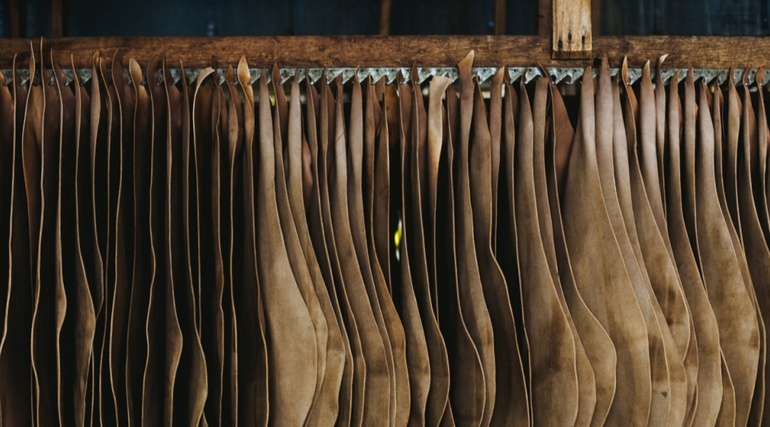 Leather hides on a rack